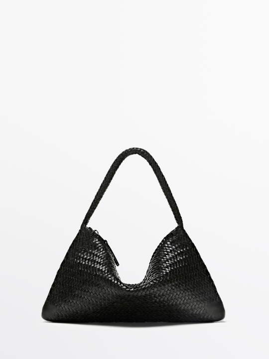 Massimo Dutti Маленькая плетеная кожаная сумка через плечо, черный