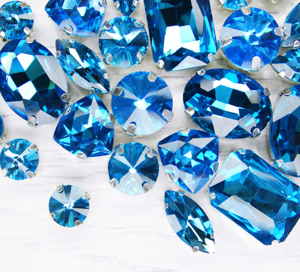 МФ-10 Хрустальные стразы в металлических цапах, форма страз: МИКС, цвет: Голубой, 10 шт/упак.