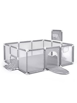 Манеж детский прямоугольный с баскетбольным кольцом и воротами (120*180*60) цвет серый (М11-2)