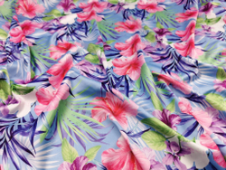 Эластичный бельевой атлас-стрейч, лилии на голубом фоне, (Арт: ASP-005)