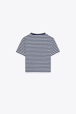 ZARA УКОРОЧЕННАЯ ФУТБОЛКА ИЗ ЭЛАСТИЧНОЙ ТКАНИ, СИНИЙ/БЕЛЫЙ