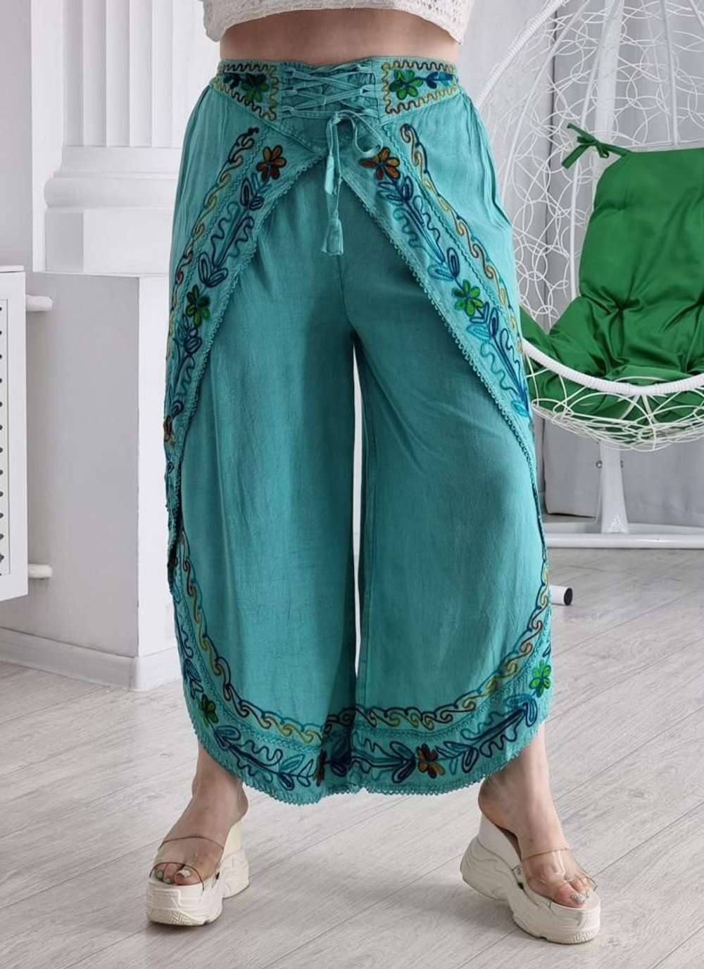 Брюки-юбка цветочный узор с завязками на поясе цвет бирюзовый