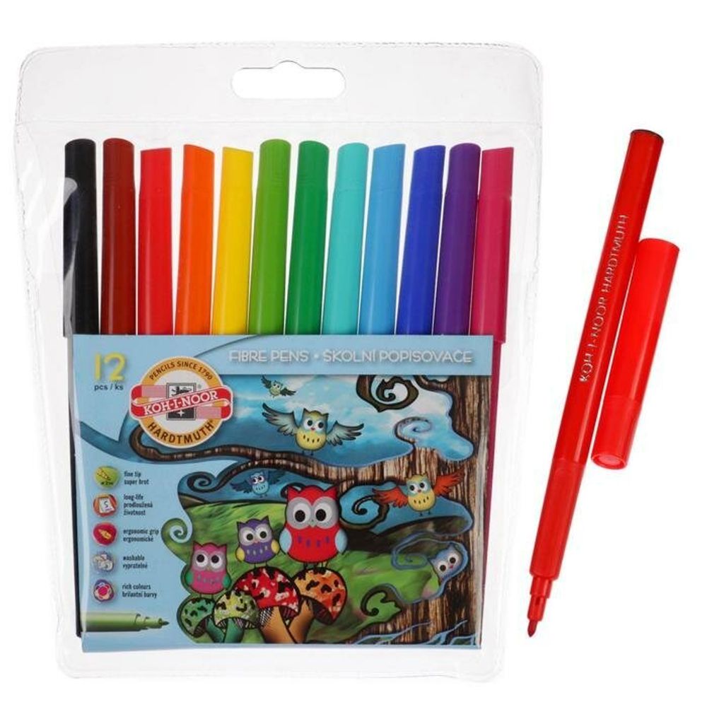 Фломастеры KOH-I-NOOR "Совы", 12 цветов, смываемые, трехгранные, пластиковая упаковка, европодвес, 771012AB01TE