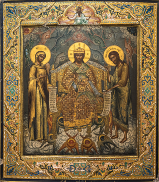 Икона Спас Великий Архиерей на престоле с предстоящими на левкасе на дереве