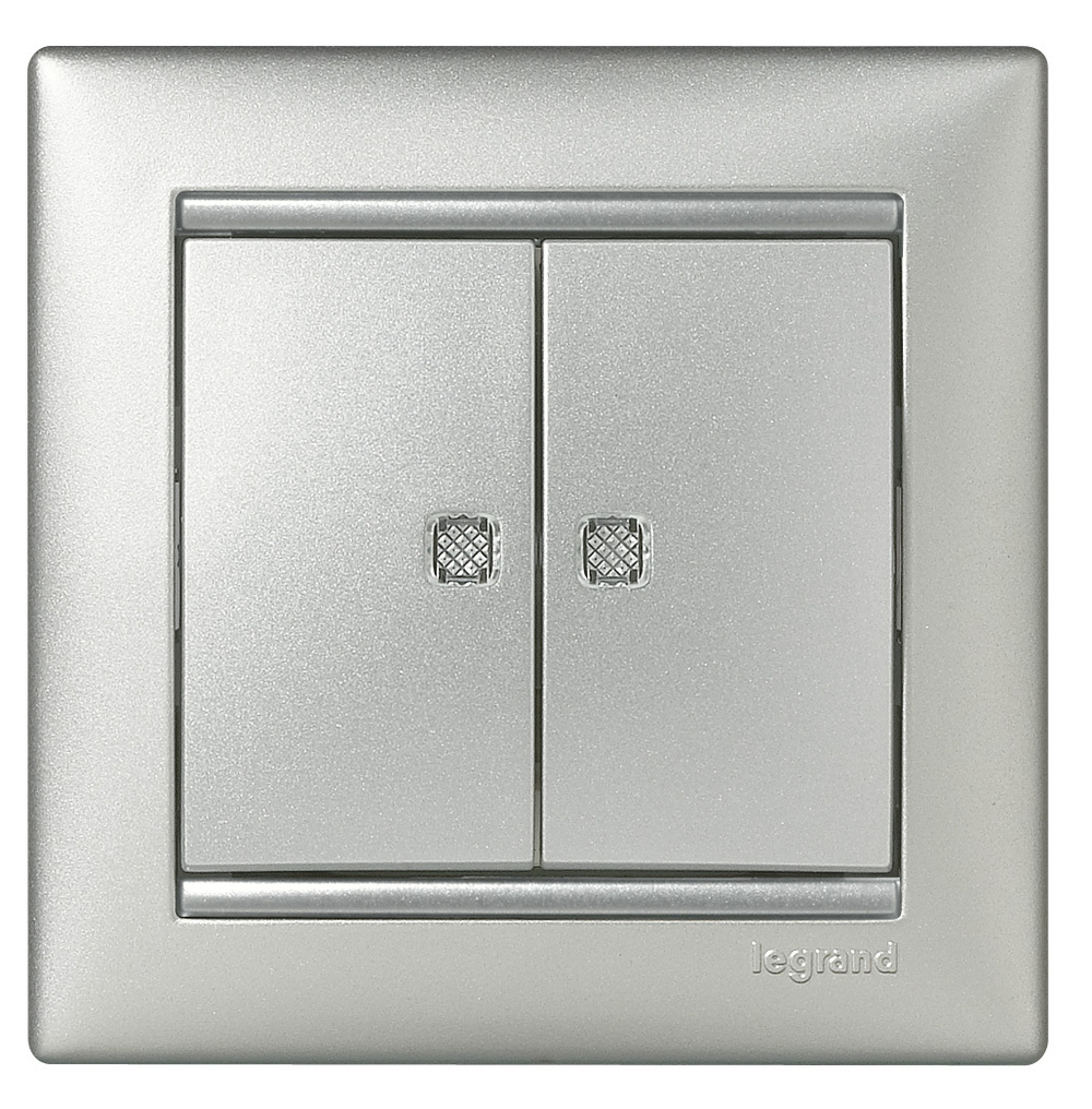 Переключатель 2х-клавишный с подсветкой 10А 250В схема 6/2L алюминий Valena Classic LEGRAND
