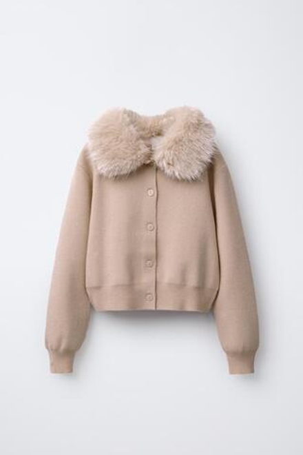 ZARA ТРИКОТАЖНЫЙ КАРДИГАН СО СЪЕМНЫМ ВОРОТНИКОМ ИЗ ИСКУССТВЕННОГО МЕХА, БЕЖЕВЫЙ