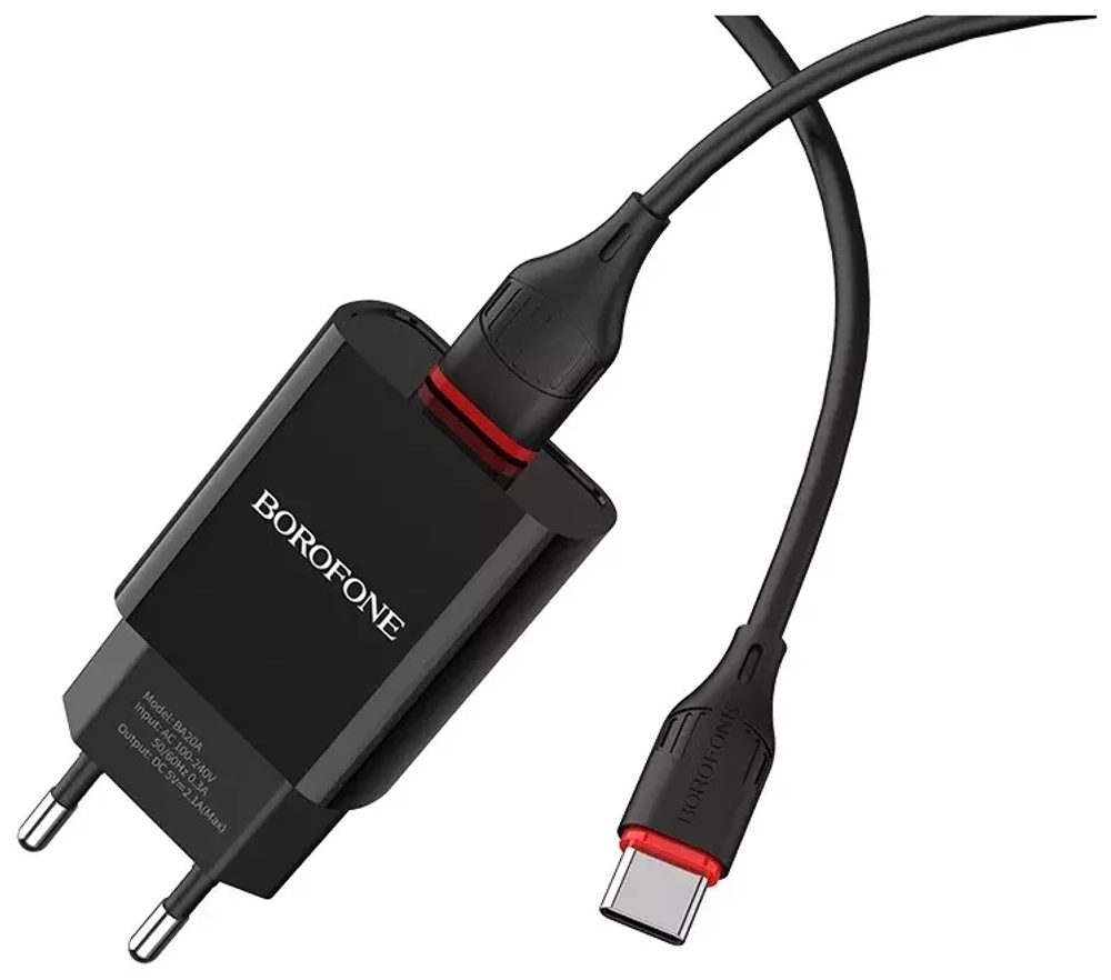 Сетевое зарядное устройство с кабелем Type-C 1-метр 2.1A BOROFONE BA20A