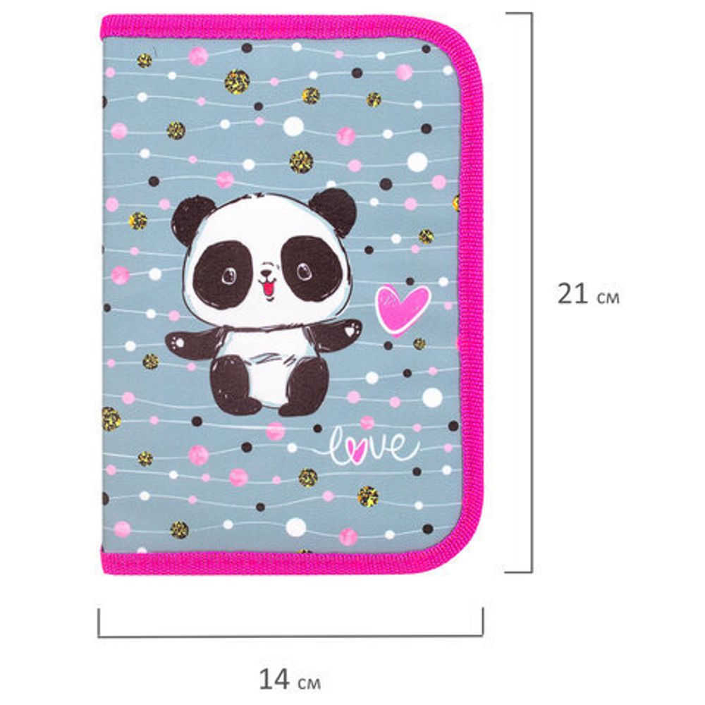 Пенал с наполнением BRAUBERG, 1 отделение, 1 откидная планка, 24 предмета, полиэстер, 21х14 см, "Funny panda", 270315