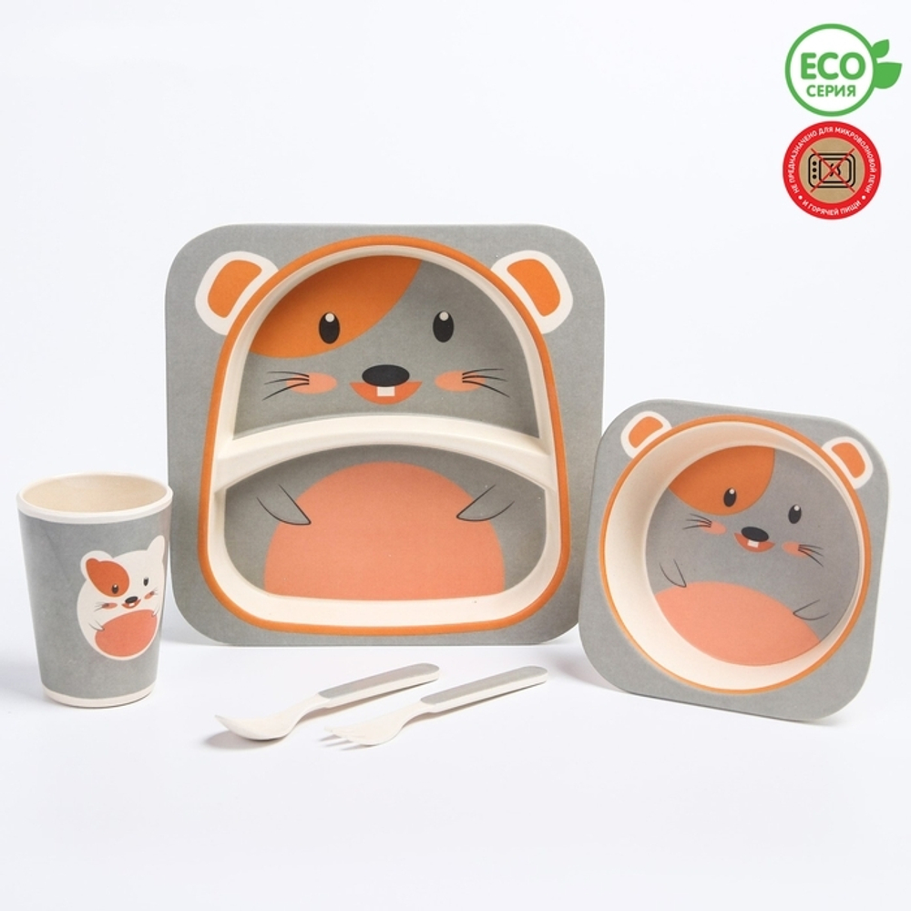 4482561 Набор бамбуковой посуды "Мышка", тарелка, миска, стакан, приборы, 5 предметов