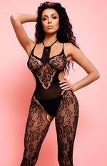 Комбинезон с бретельками и декоративной ажурной вставкой на шее (Размер: S-M-L) (Цвет: черный)