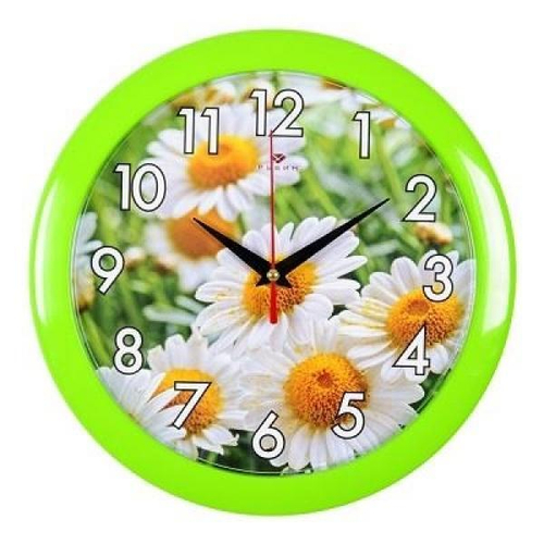 Часы 21 Bek настенные  2323-174 круг d=23см, корпус зеленый "Ромашки" "Рубин"
