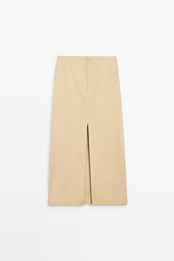 Massimo Dutti Юбка миди из кожи наппа, ванильный
