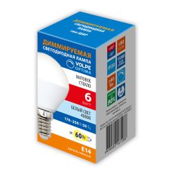 LED-G45-6W-4000K-E14-FR-DIM-SLS Лампа светодиодная. диммируемая. Форма шар. матовая. Белый свет 4000K. ТМ Volpe