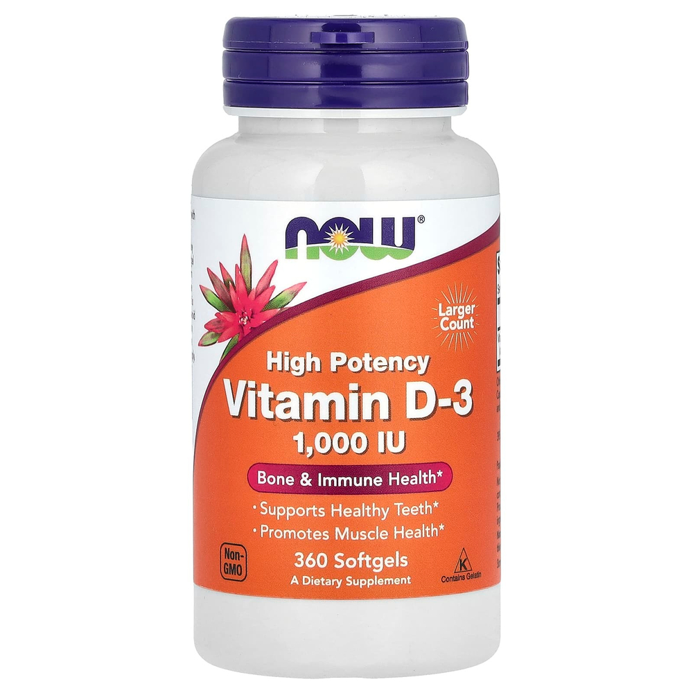 NOW Foods, витамин D3, высокоэффективный, 1000 МЕ, 360 капсул