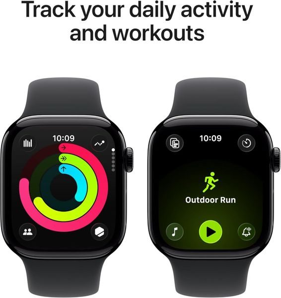 Умные часы Apple Watch Series 11 46 мм из алюминия цвета «чёрный глянец», спортивный ремешок черного цвета (S/M)