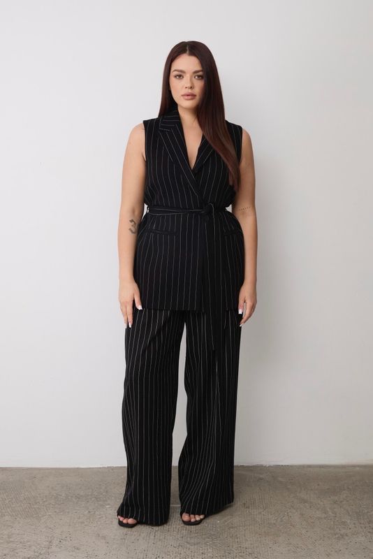 Жилет удлиненный изо льна в полоску, черный