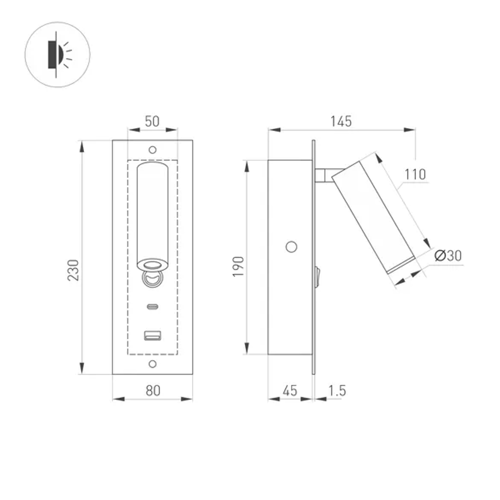 Светильник SP-BED-CHARGE-BUILT-S80x230-3W Warm3000 (BK, 20 deg, 230V, USB-A, USB-C) (Arlight, IP20 Металл, 3 года) 046880