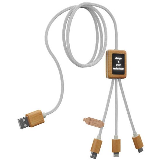 Зарядный кабель 3 в 1 из переработанного ПЭТ-пластика со светящимся логотипом и квадратным бамбуковым корпусом SCX.design C39