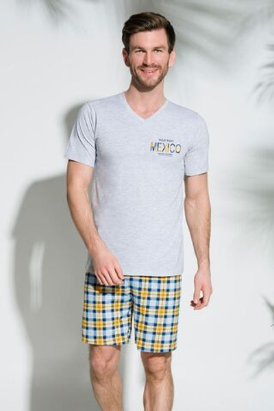 Мужская пижама Borys с клетчатыми шортами (Размер: L) (Цвет: серый)