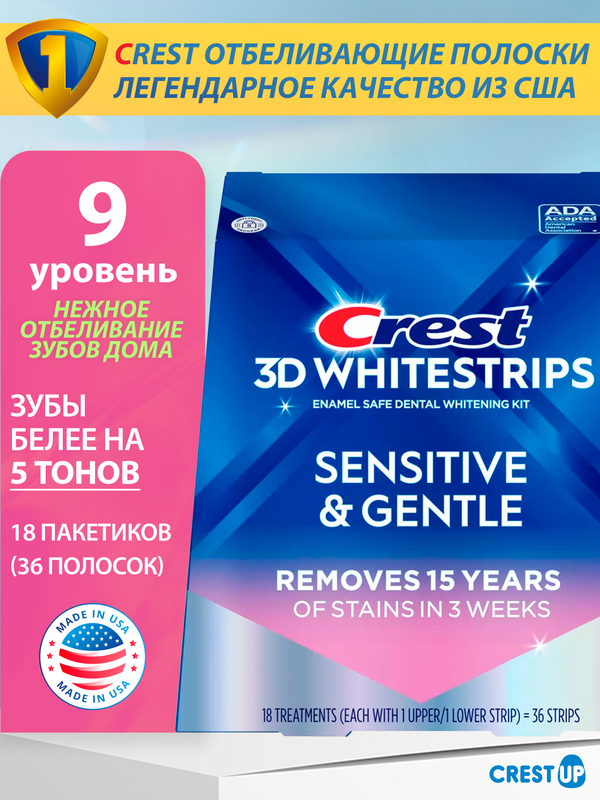 Отбеливающие полоски для зубов Crest 3D Whitestrips Sensitive And Gentle, полный курс 18 дней