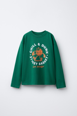 ZARA ФУТБОЛКА В УНИВЕРСИТЕТСКОМ СТИЛЕ С ПРИНТОМ, ЗЕЛЕНЫЙ