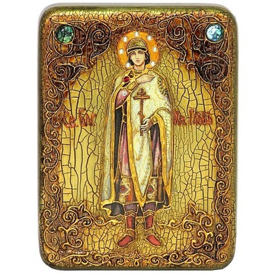 Инкрустированная икона Святой благоверный князь Глеб 20х15см на натуральном дереве, в подарочной коробке