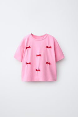 ZARA ФУТБОЛКА С БАНТАМИ, ЯРКО-РОЗОВЫЙ