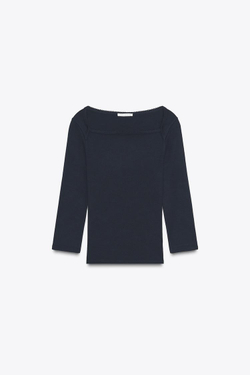 ZARA ФУТБОЛКА ИЗ ХЛОПКА И МОДАЛА, МОРСКОЙ СИНИЙ