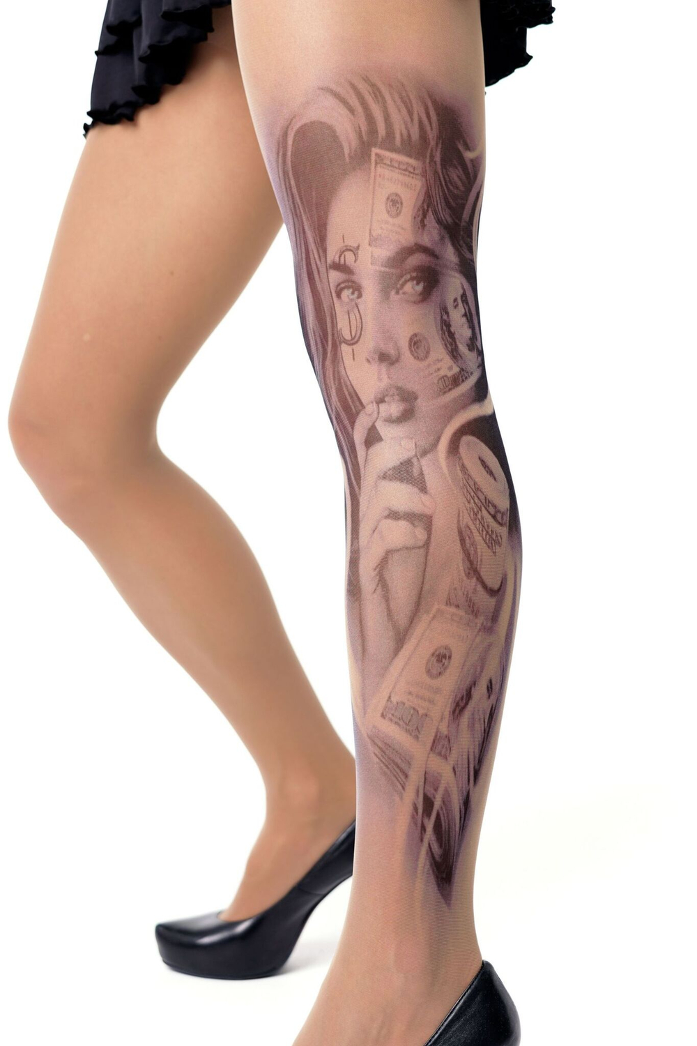 Колготки +size с принтом в виде женского лица в окружении купюр (Размер: XL-XXL-XXXL) (Цвет: бежевый)