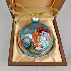 Шар елочный новогодний с круговой росписью Палех "Тройка" в коробке