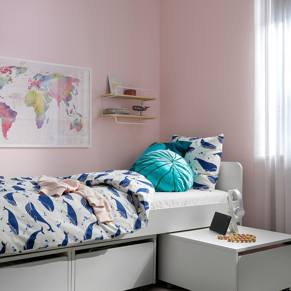 BLÅVINGAD Пододеяльник и наволочка, синий/белый китовый узор, 150x200/50x60 см