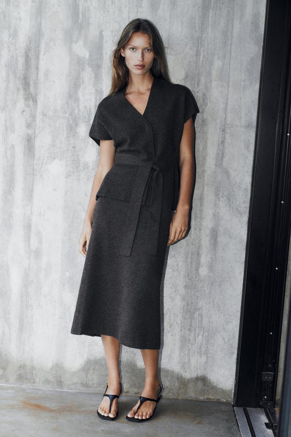 ZARA ТРИКОТАЖНЫЙ ЖИЛЕТ С ПОЯСОМ, СЕРЫЙ