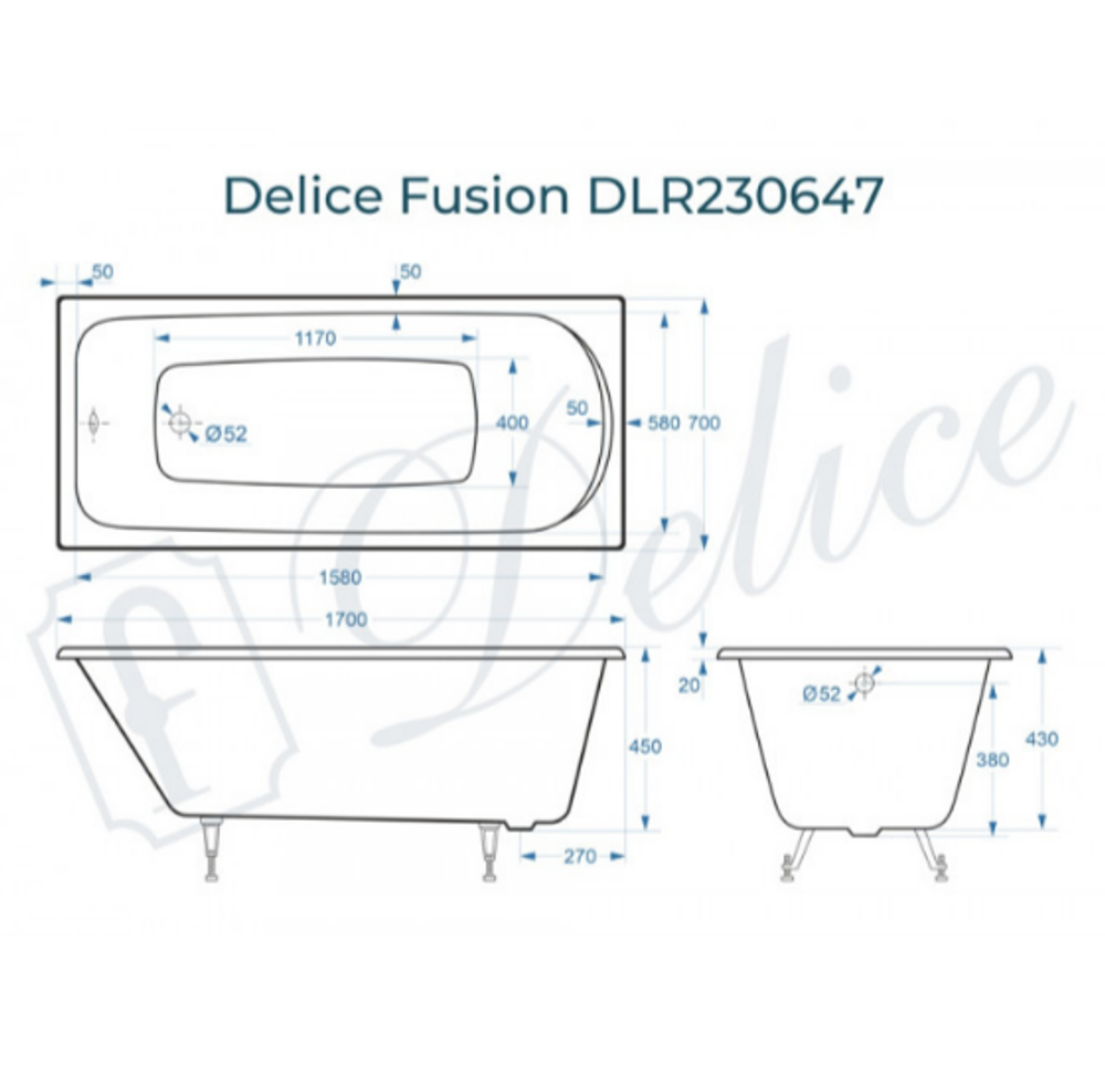 Ванна чугунная Delice Fusion 170х70 с отверстиями под ручки DLR230647R
