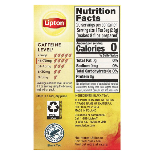 Lipton, Черный чай English Breakfast, 20 чайных пакетиков Pyramid, 46 г (1,6 унции)