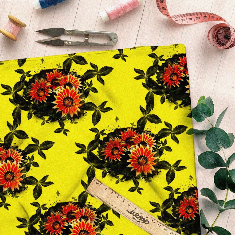 Ткань атлас цветы герберы