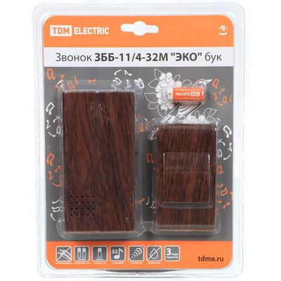 Звонок дверной беспров, на бат, 32мел, кнопка IP30, 2 х 1.5 В, ААА, TDM, ЗББ-11/4-32М Эко, SQ1901-00