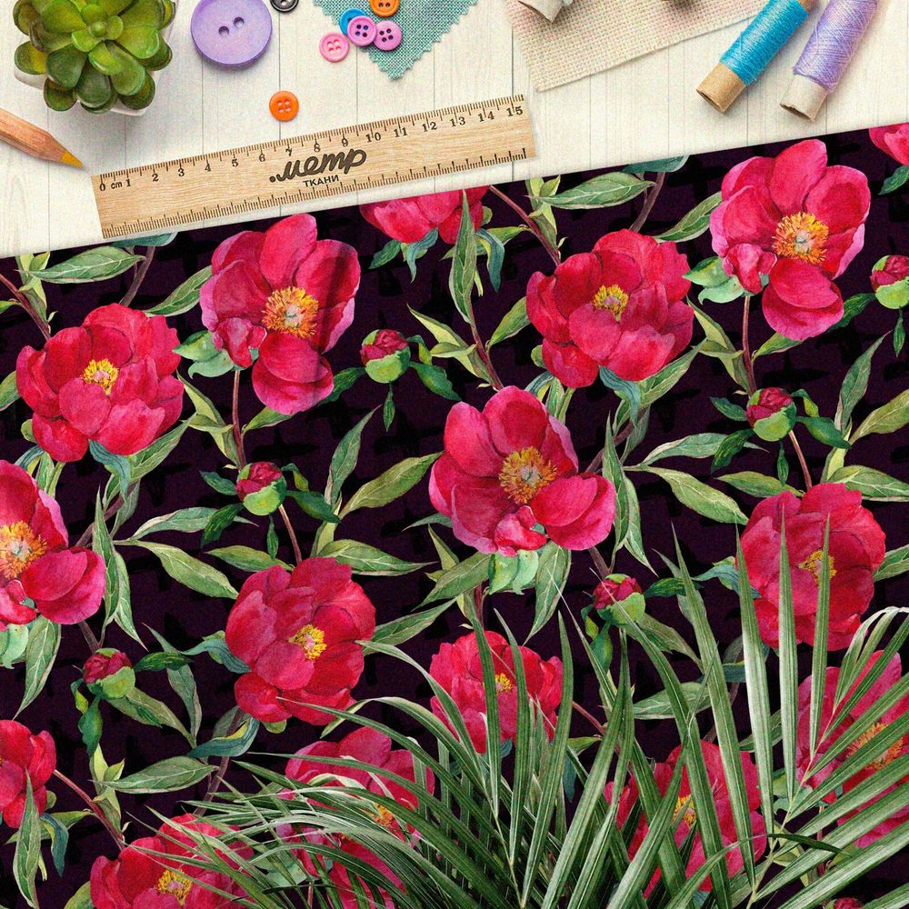 Ткань атлас насыщенные красные цветы на чёрном фоне