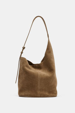 ZARA КОЖАНАЯ СУМКА-МЕШОК АСИММЕТРИЧНОГО КРОЯ, БЕЖЕВЫЙ