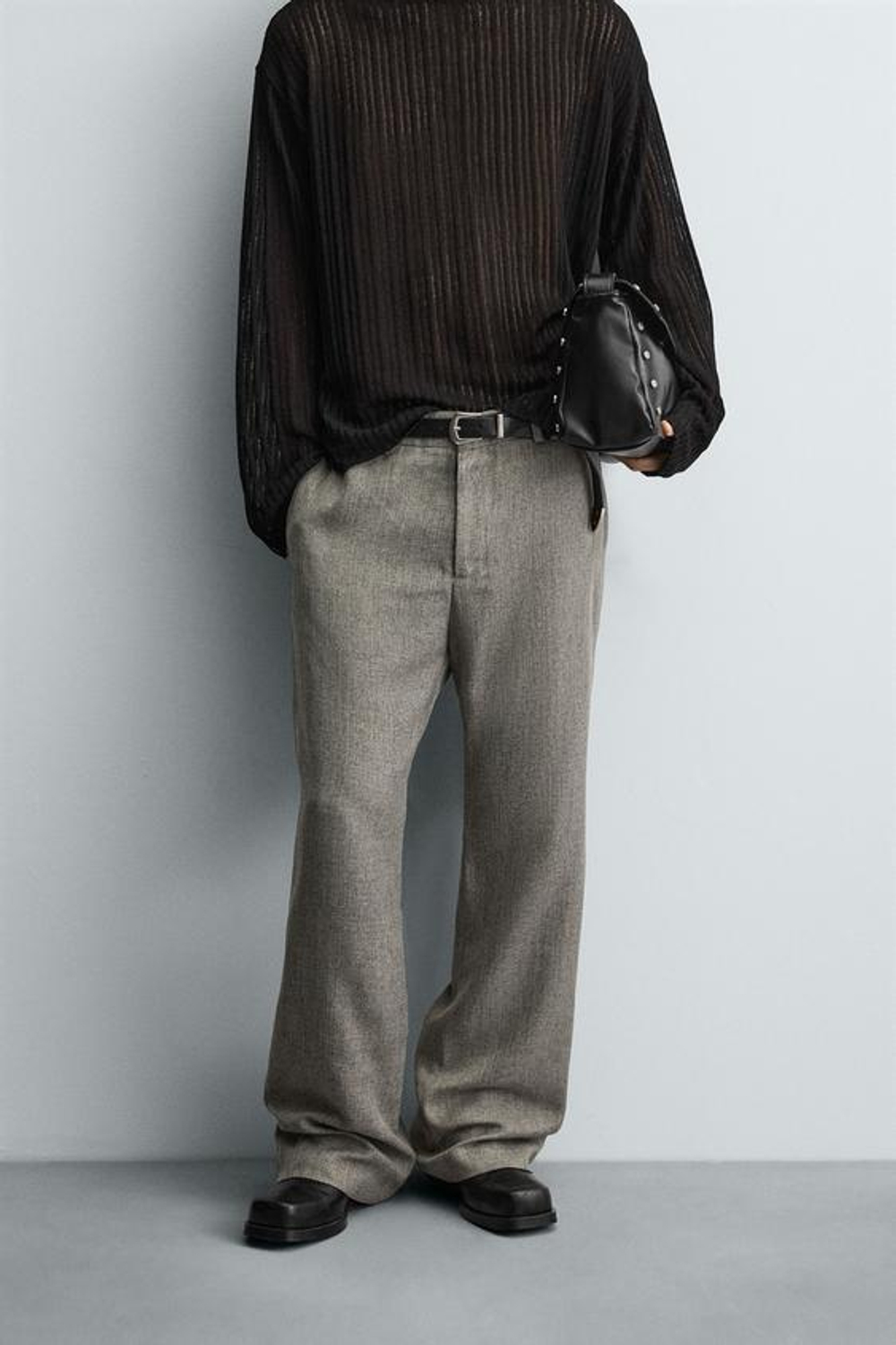 ZARA БРЮКИ FLARED FIT ИЗ РЕЛЬЕФНОЙ ТКАНИ, СЕРЫЙ / БЕЖЕВЫЙ