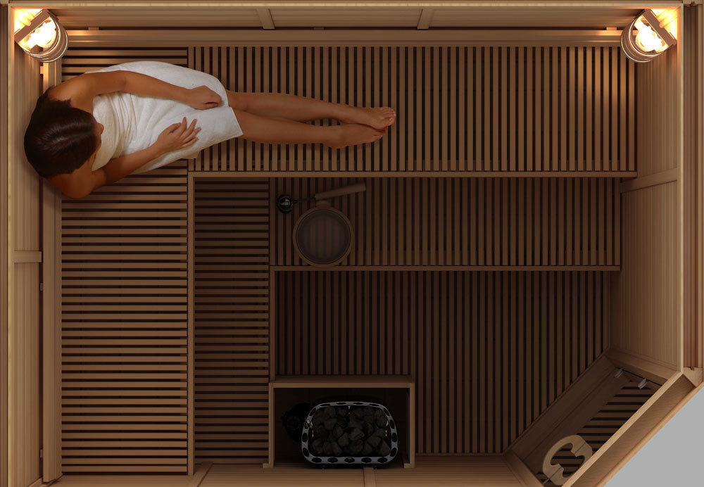 Сауна в сборе SAWO 1414RS-PD-G (1,4м х 1,4м, кедр, полностью стеклянная стена, дизайн Piano, правая)