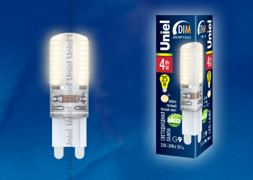 LED-JCD-4W/WW/G9/CL/DIM SIZ03TR Лампа светодиодная диммируемая с силиконовым покрытием. Цвет свечения теплый белый. Упаковка картон. ТМ Uniel