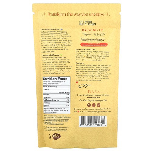 Rasa, Травяной альтернативный кофе, упакованный адаптогенами, оригинальный, 226 г (8 унций)