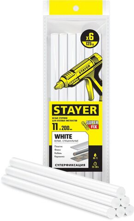 Клеевые стержни STAYER White, белые, 11 х 200 мм, 6 шт, Professional (2-06821-W-S06)