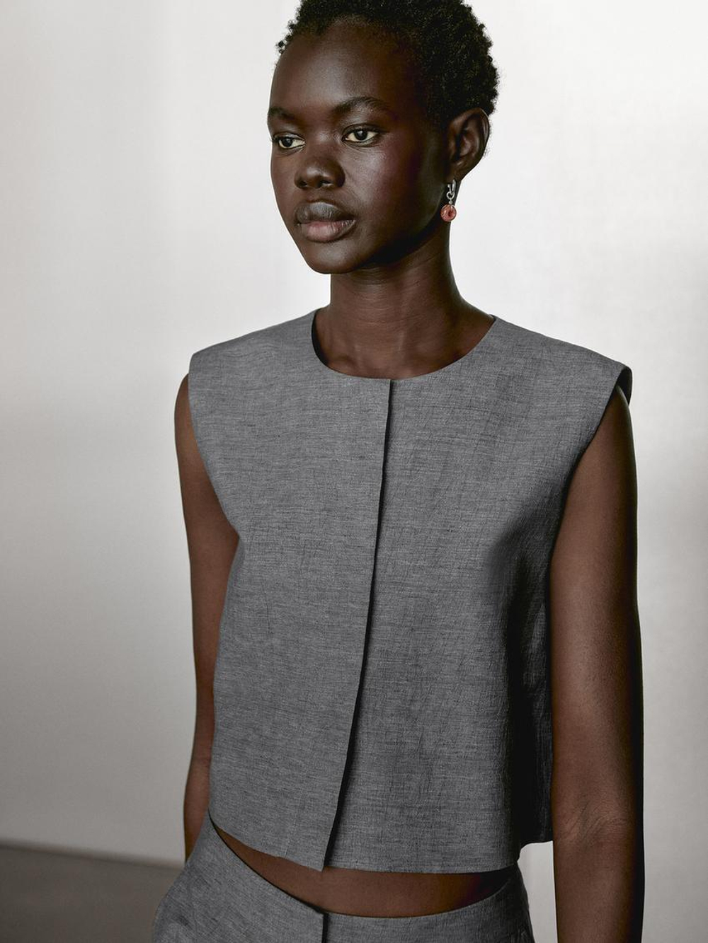 Massimo Dutti Короткий жилет из смесового льна, антрацитово-серый