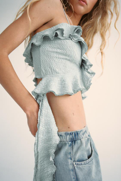 ZARA УКОРОЧЕННЫЙ ТОП ИЗ РЕЛЬЕФНОЙ ТКАНИ С ВОЛАНАМИ, ВОДЯНИСТЫЙ ЗЕЛЕНЫЙ