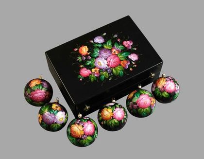 Zhostovo Christmas balls in wooden box - set of 6 balls SET04D-667785787