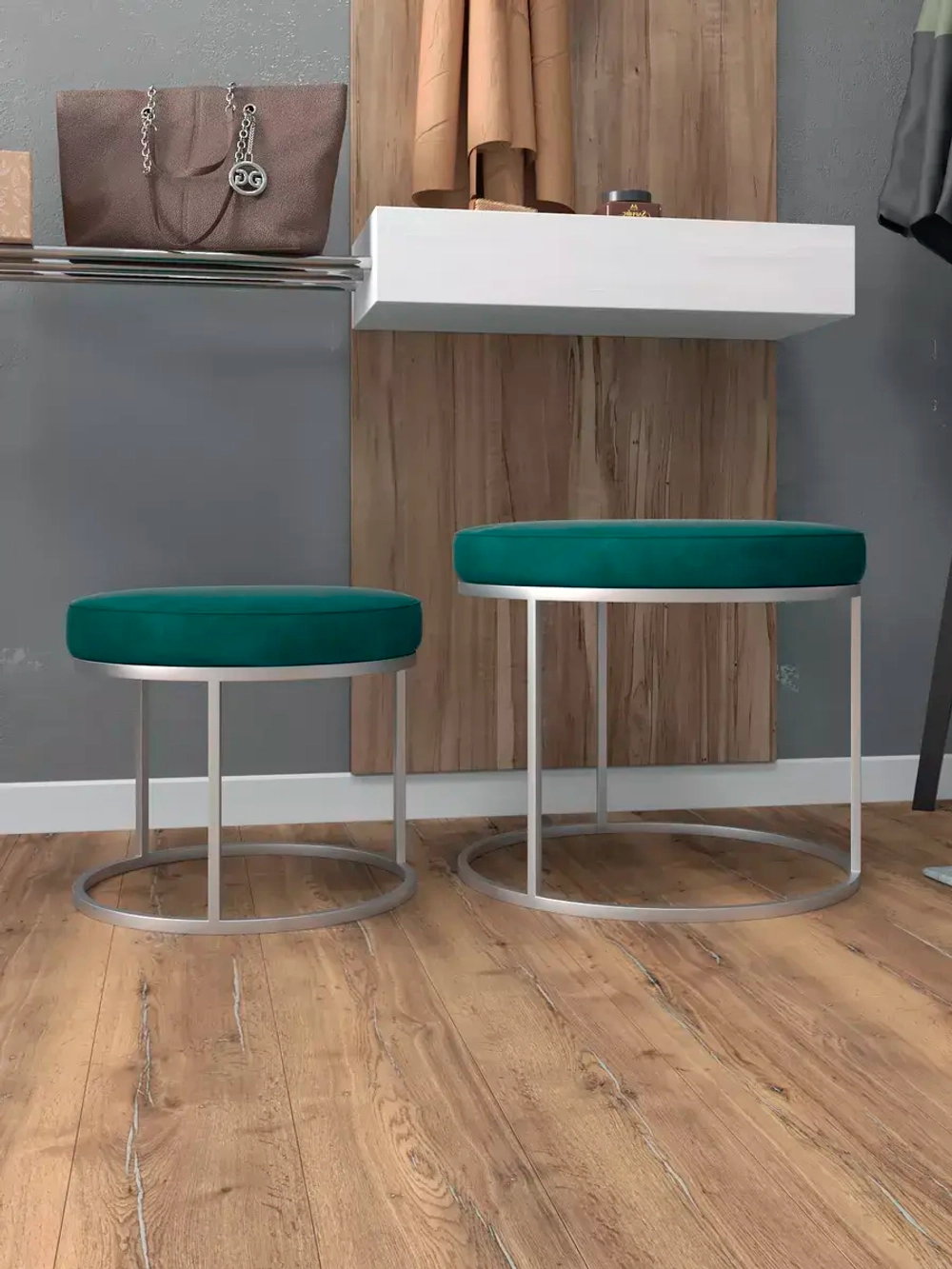 Комплект круглых банкеток - СЗЕЛ - зеленое на серебрянном