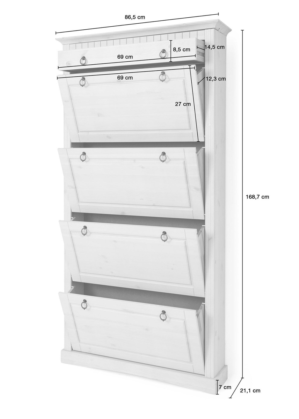 Тумба для обуви Неаполь из сосны, 4 двери с ящиком, 87х169х21 см, белый воск