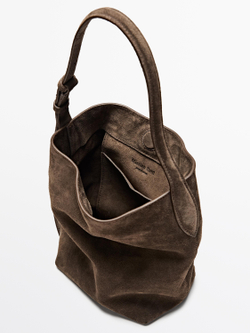 Massimo Dutti Мини-сумка-ведро из натуральной кожи и кожи, серо-коричневый