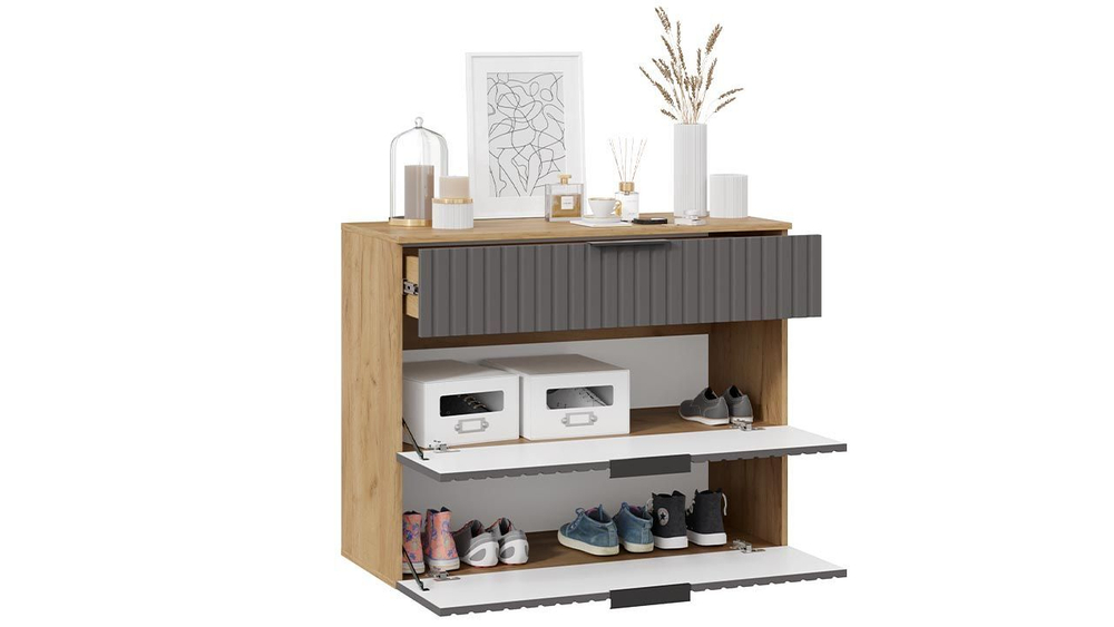 Прихожая с зеркалом комплект мебели Дуб Крафт золотой/Графит матовый 220х43х226 см